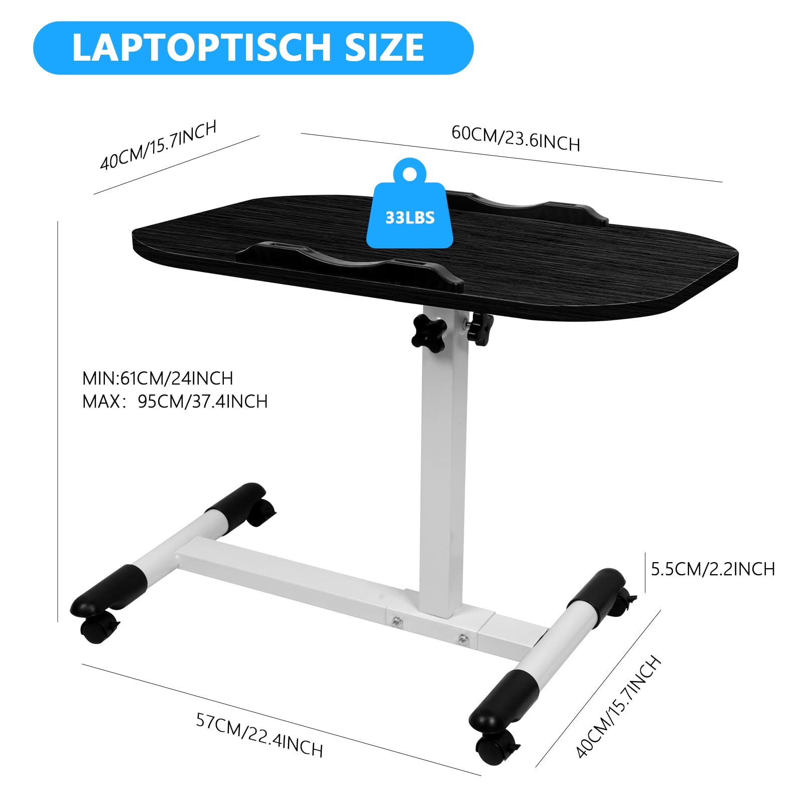 Table de Lit Roulette, 60 x 40 cm, Tablette Médicale Réglable Table d'Appoint de Lit à roulettes, Hauteur Réglable 61-95CM, Bureau Pliable, 360° Bureau D'ordinateur Levage Rotatif