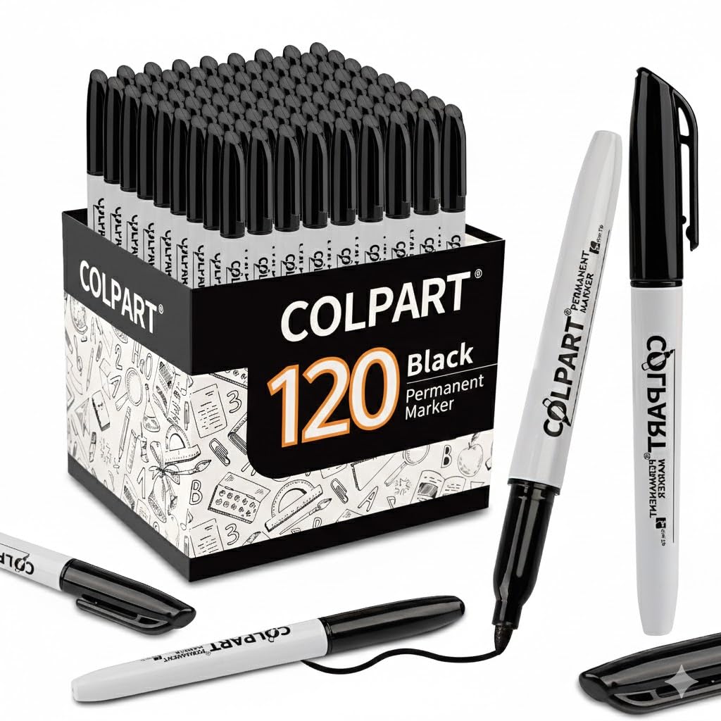 colpart Permanent Markers,Fine Tip Black Permanent Marker Bulk of 120Pack Black Marker Set Waterproof,Fade-resistant,Quick Drying Markers Work On Wood, Metal, Plastic, Stone, Glass For Office School