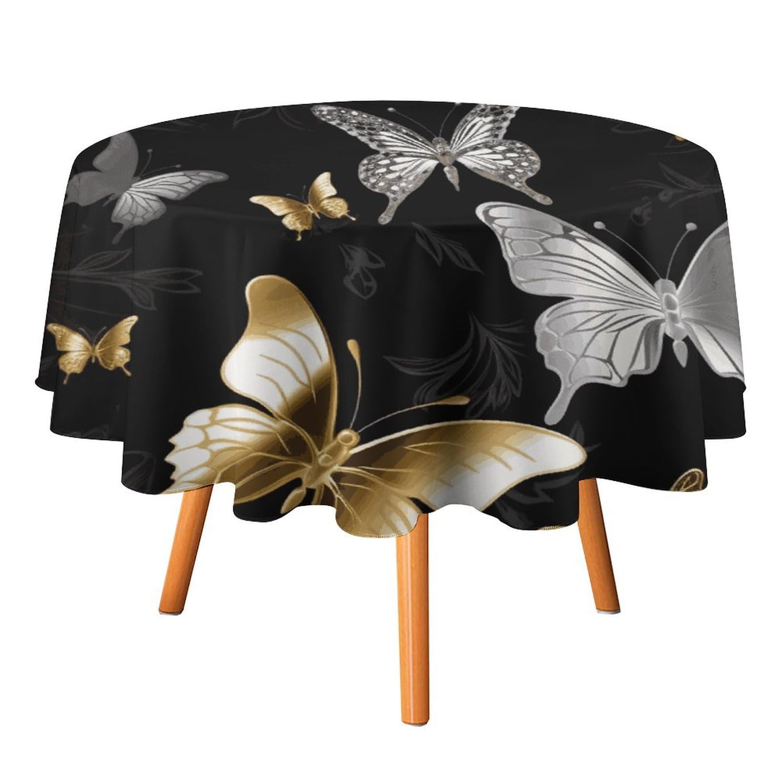 Fekiloot Style Gold White Butterflies Black Round Tablecloth - Heavy Duty And Washable,Polyester Decorative Fabric Table Cover,Tablecloths For Kitchen Dining, Wedding, Birthday Party60x60in