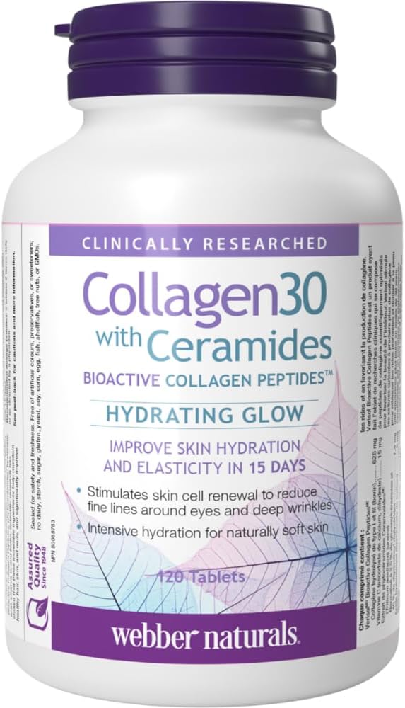 Webber Naturals Collagen30 with Ceramides, Bioactive Collagen Peptides, 120 Tablets, Hydrating Glow, Helps Improve Skin Hydration, Elasticity & Smoothness Webber Naturals Collagen30 with Ceramides, Bioactive Collagen Peptides, 120 Tablets, Hydrating Glow, Helps Improve Skin Hydration, Elasticity & Smoothness