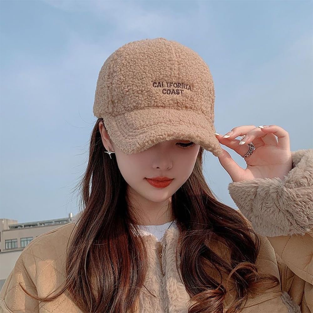 Women's Winter Fuzzy Baseball Cap Adjustable Solid Color Teddy Fleece Faux Lamb Wool Warm Baseball Hat for Outdoor Travel - Image 5