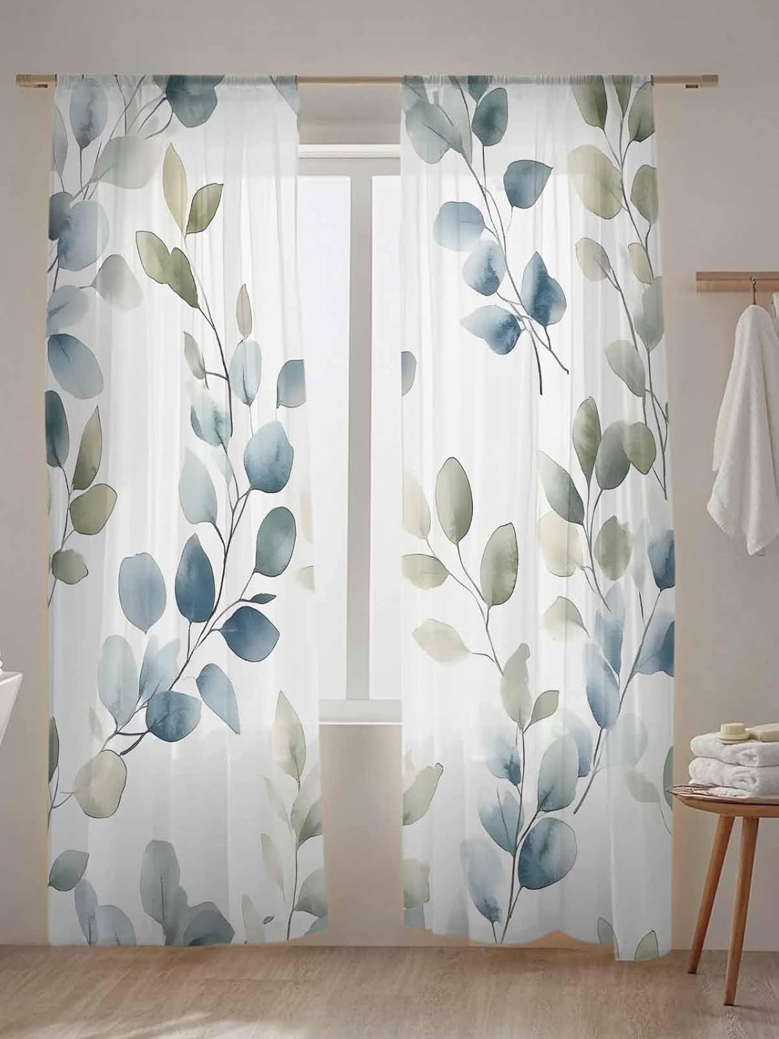 Teal Blue Botanical Sheer Curtains for Living Room Bedroom Eucalyptus Leaves Watercolor Summer Sheer Curtains 54 Inch Long 2 Panels Set Light Filtering Curtain Window Treatments Drapes for Dining Room