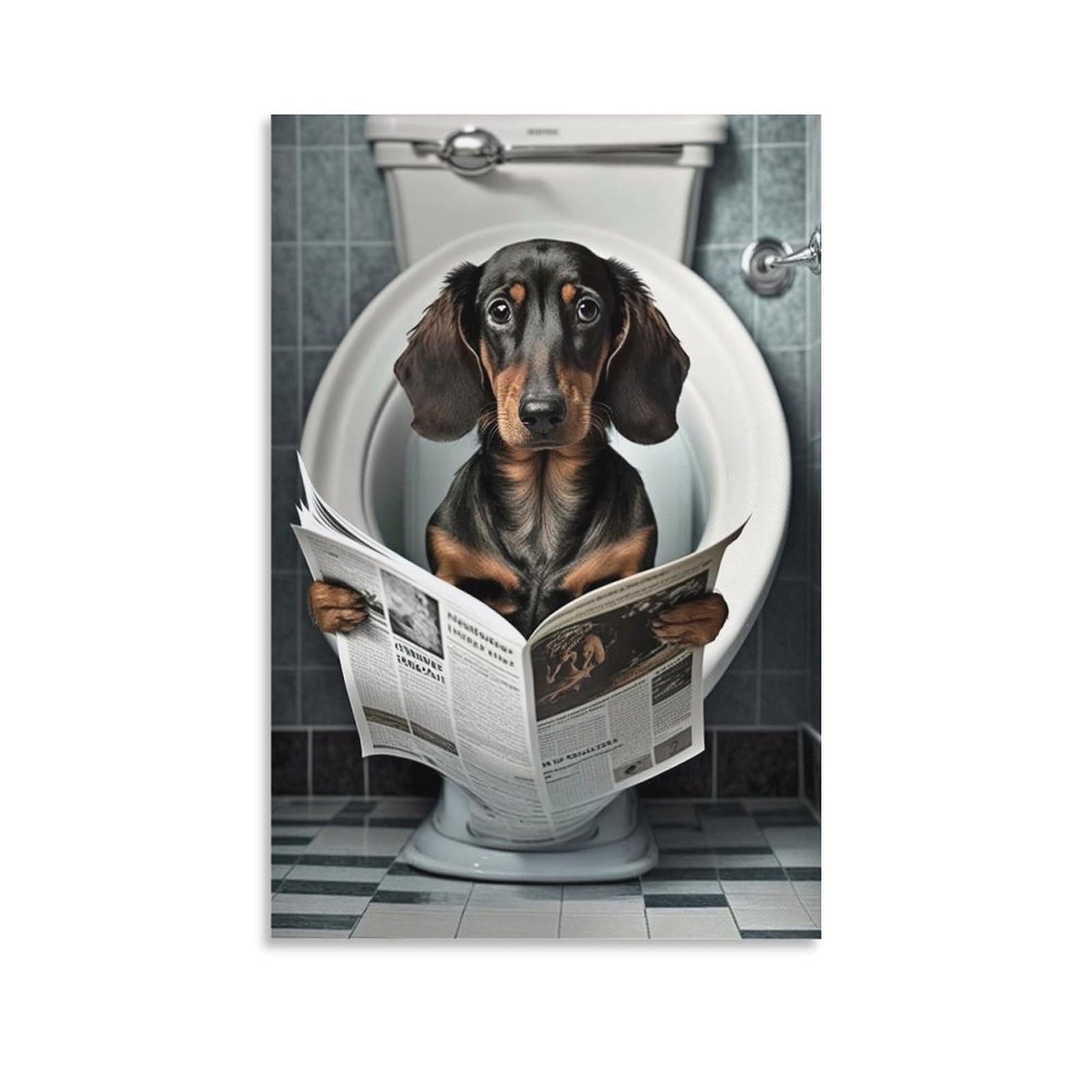 Qzfncoyu Unframe-Style Dachshund Sitting On Toilet Reading Newspaper Funny Vintage Style Animal Funny Dog Animal Art Poster Canvas Poster Wall Art Decor Print Picture Paintings For Living Room Bedroom Decoration 12X18inch(3
