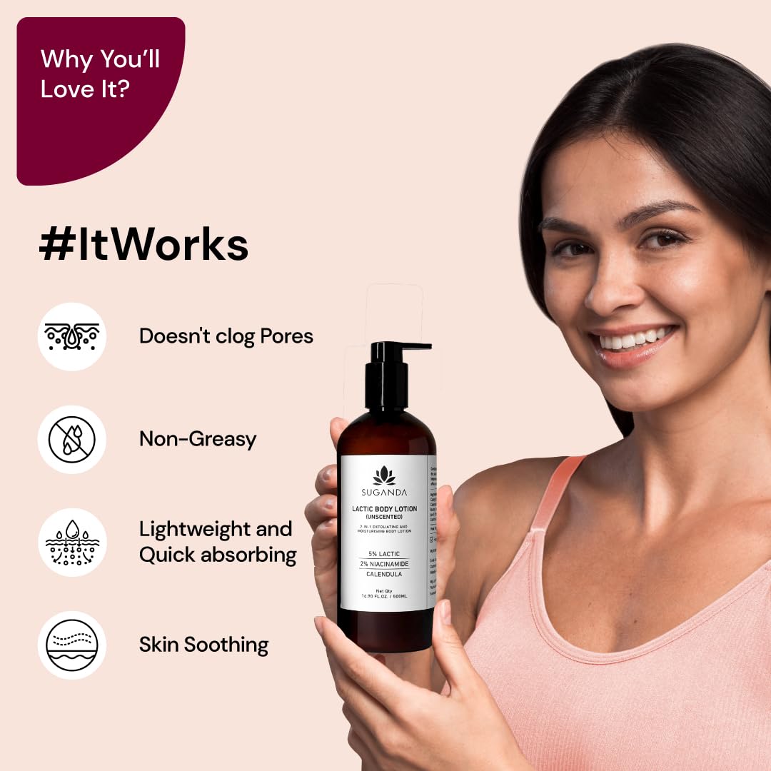 SUGANDA SKINCARE 5% Lactic acid UNSCENTED EXFOLIATING Body Lotion|Moisturizer with NIACINAMIDE, SHEA BUTTER & CALENDULA|For STRAWBERRY SKIN improving SKIN-TEXTURE & BRIGHTENING (500ml)|Cruelty-free 3