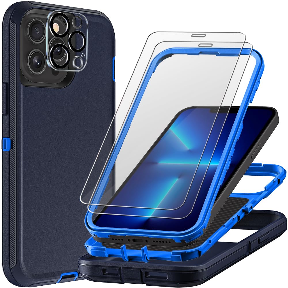 TFDSEUGH for iPhone 13 Pro Case with 2Pcs Tempered Glass Screen Protector and 1Pcs Camera Lens Protector, Military Grade 3 in 1 Heavy Duty Shockproof/