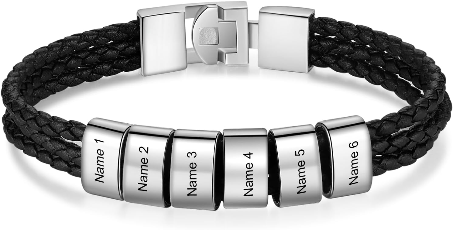 Personalized Name Bracelet for Men Custom Braided Leather Father's Day Bracelet Gifts for Dad Husband