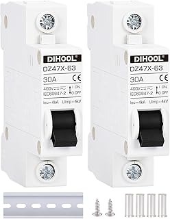 DIHOOL AC/DC Miniature Circuit Breakers, 2 Pack, Single Pole 30 Amp, 12V 24V 48V 400V, Non Polarized, Solar Disconnect Switch, DIN Rail Mount, RV Battery Isolator, PV Array MCB, Thermal Magnetic Trip