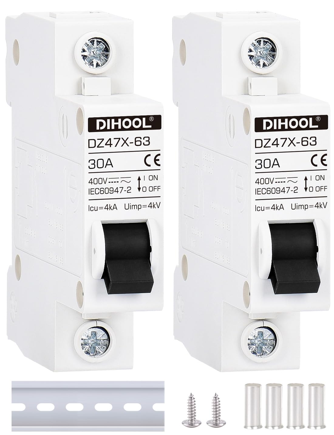 DIHOOL AC/DC Miniature Circuit Breakers, 2 Pack, Single Pole 30 Amp, 12V 24V 48V 400V, Non Polarized, Solar Disconnect Switch, DIN Rail Mount, RV Battery Isolator, PV Array MCB, Thermal Magnetic Trip
