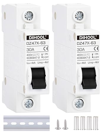 DIHOOL AC/DC Miniature Circuit Breakers, 2 Pack, Single Pole 30 Amp, 12V 24V 48V 400V, Non Polarized, Solar Disconnect Switch, DIN Rail Mount, RV Battery Isolator, PV Array MCB, Thermal Magnetic Trip