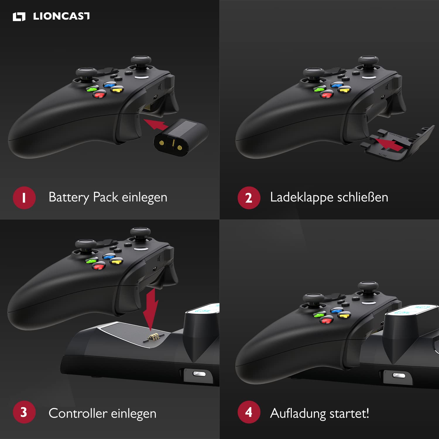 Lioncast Estación de carga para controlador Xbox con batería recargable (1200 mAh) para One/Series X/S, estación de acoplamiento con indicador LED