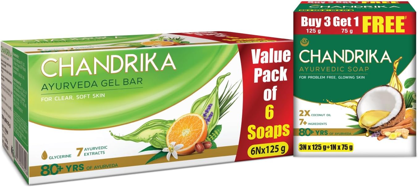 Chandrika Glycerine Soap Pack Of 6, 125g Each & Ayurvedic Handmade Soap, 125g (Pack Of 3) With Free 75g
