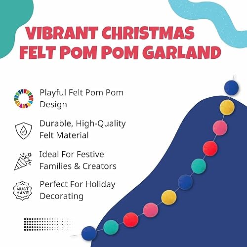 Miniatura 5 de Unique Guirnalda de pompones de fieltro de Navidad multicolor vibrante, 7 pies, 1 unidad, decoración festiva para vacaciones y eventos