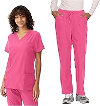 Women's Scrub Set - Soft V-Neck Top with 4 Pockets, Stretch Cargo Pants with 8 Pockets - Breathable Easy Care, Hot Pink,2XL