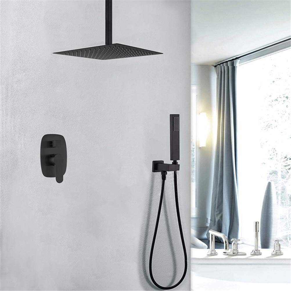 Zestaw armatury prysznicowej, kwadratowy system prysznicowy z deszczownicą od 25 do 30 cm (10-12 cali) do montażu sufitowego, z prysznicem i wylewką wodospadową, armaturą do wanny i