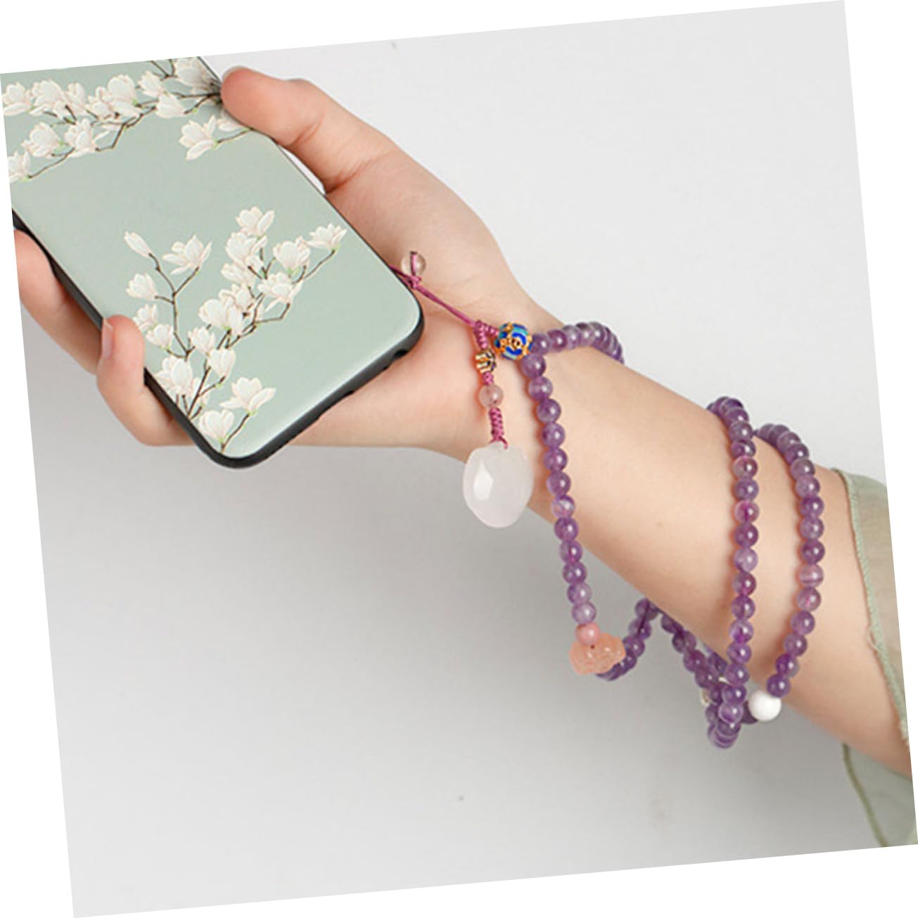 Housoutil Laccio per Cellulare in Ametista Naturale Decorazione Elegante, Catena Lunga da Appendere Compatibile Custodia Telefono
