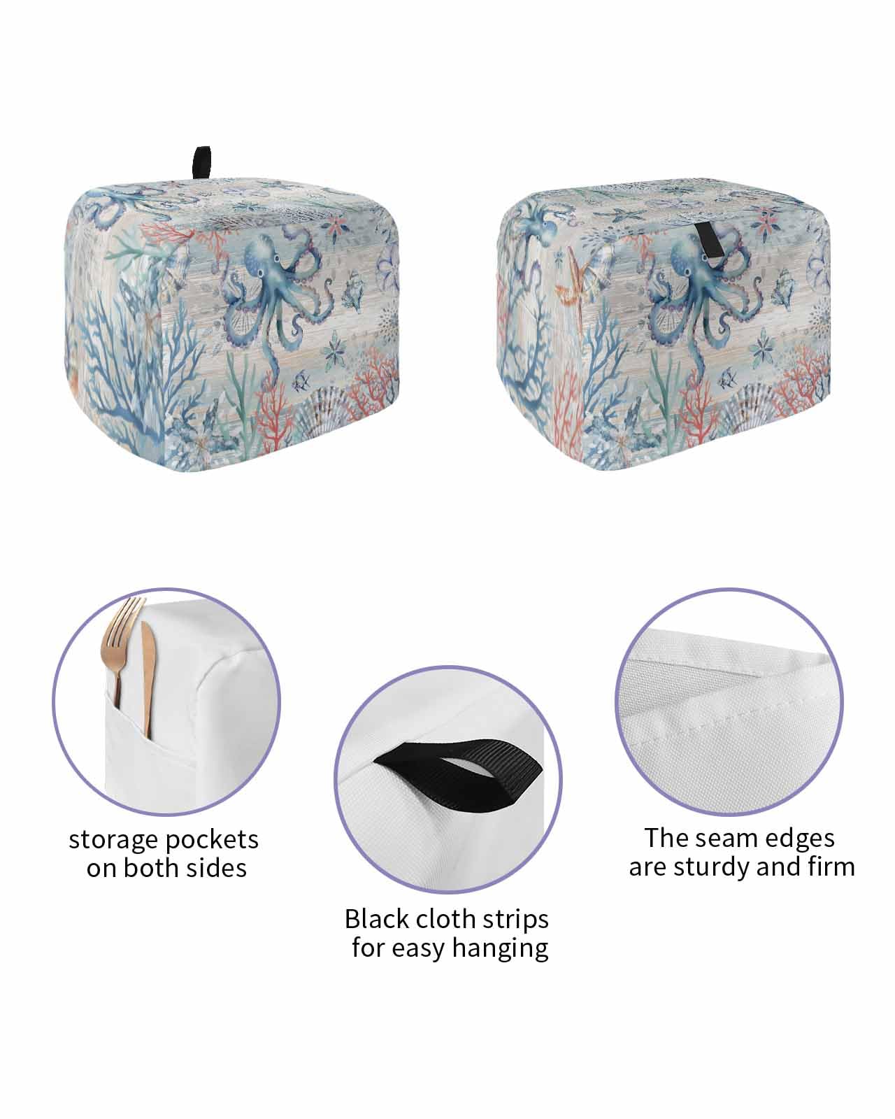 Ocean Toaster Cover 2 Slice, Summer Octopus Starfish Coral Conch Bread Maker Dust Cover with Pockets for Kitchen Small Appliance 11x6x8in