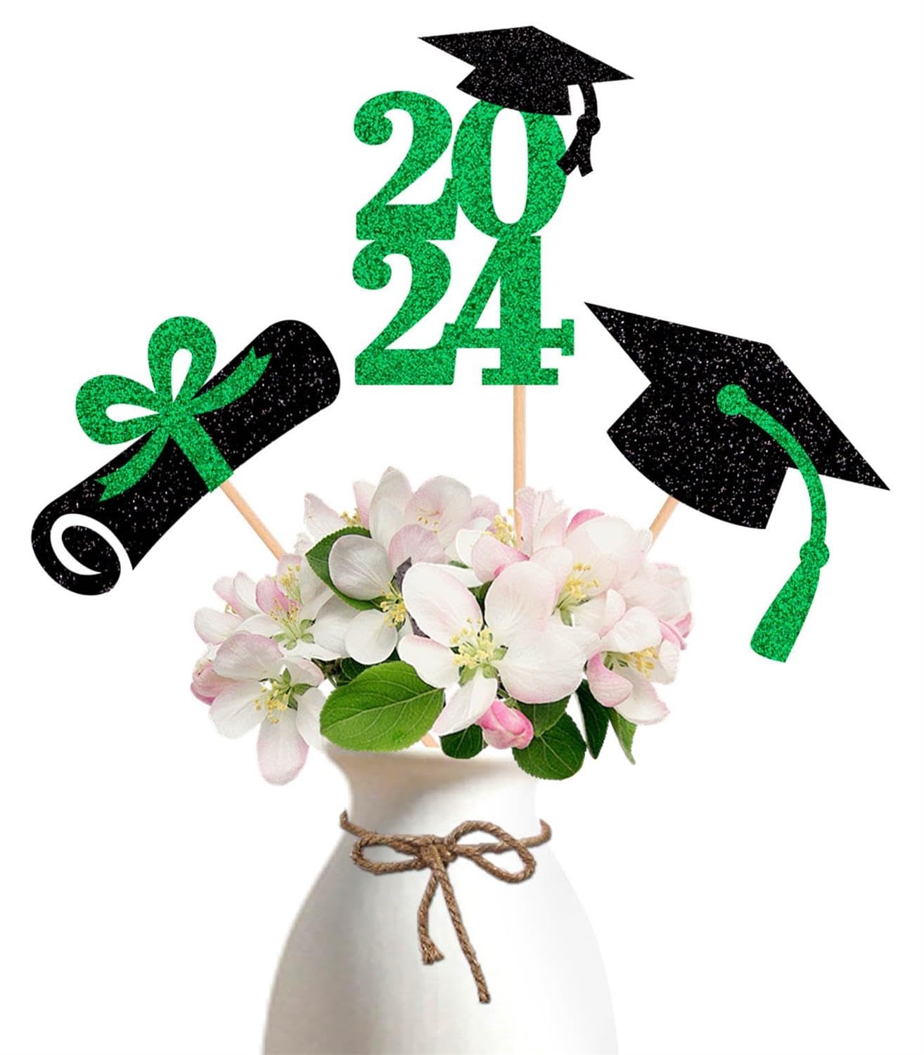 ALISSAR 15-Pack Double Sided Glitter Graduation Centerpiece Sticks - Green Table Toppers for 2024 Graduation Party Decoration (2024 Double Sided Card Stock)