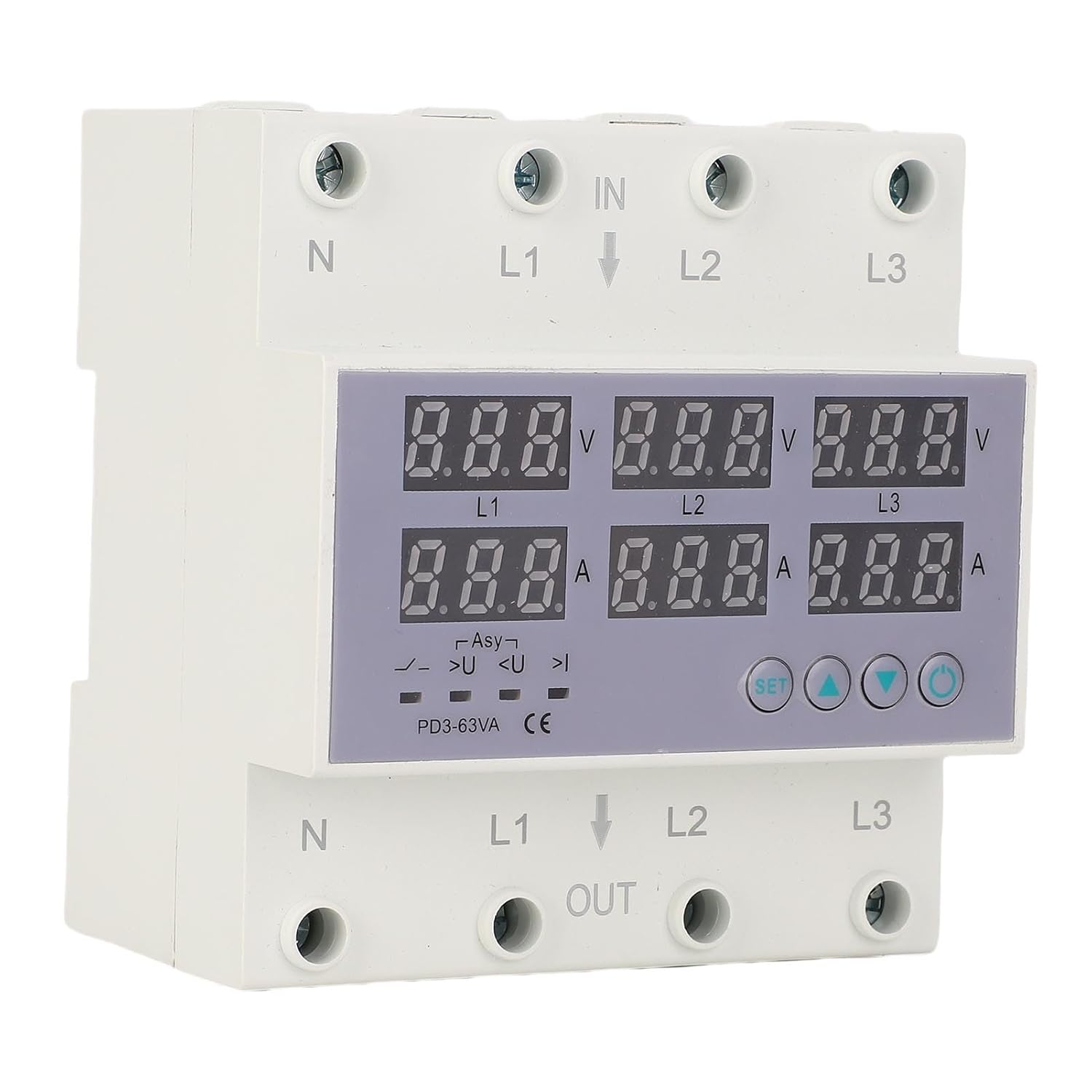 Marhynchus 3 Phase DIN Rail Voltmeter Ammeter, AC 390 to 500V Quick Response Current Protective Device Automatic Overvoltage Overcurrent Protector (63A)