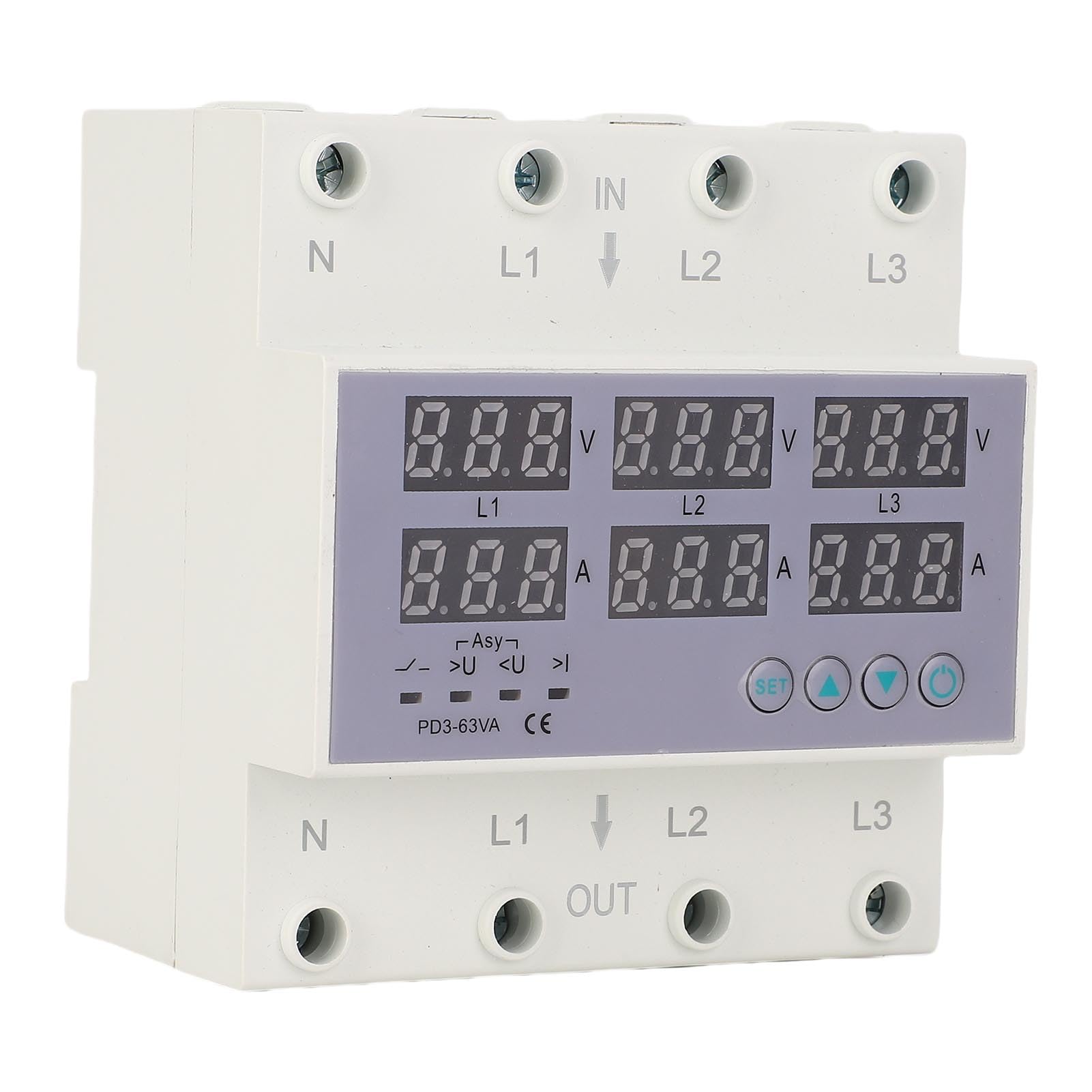 Misuratore di Potenza del Voltmetro su Guida DIN Trifase, AC 390‑500 V Amperometro Digitale Protezione da Sovracorrente da Sovratensione Automatica, Tester Elettrico Trifase Watt (63A)