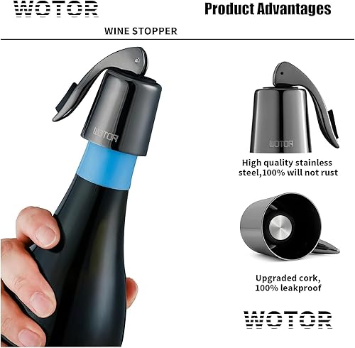 Miniatura 2 de WOTOR Tapones de vino de acero inoxidable para botella de vino, tapón con silicona reutilizable, ahorro de vino, a prueba de fugas, mantiene fresco,