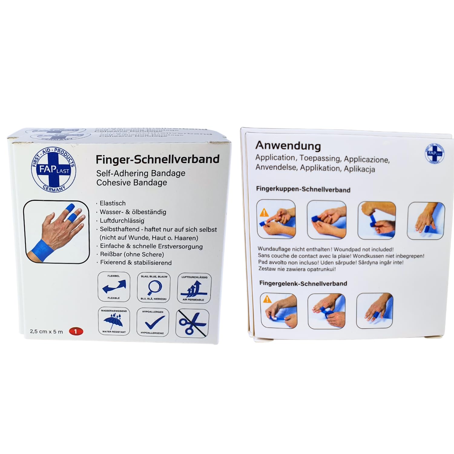 Fingerschnellverband selbsthaftend blau – 120er Pack – kohäsive Bandage ohne Klebstoff – wasserfest, elastisch, latexfrei – je 2,5 cm x 5 m – für Finger, Fingerkuppen & Gelenke