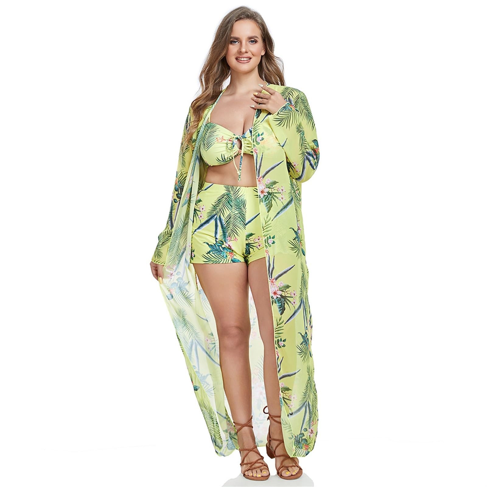 Traje de baño para Mujer, Traje de baño de 3 Piezas, Conjunto de Bikini con cordón, Funda de Playa de Manga Larga