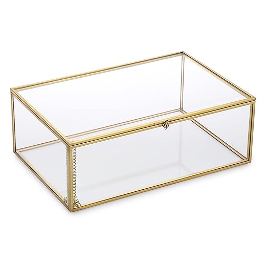 Hipiwe Vintage Glass Keepsake Box, Rectangle Jewelry Display Organizer Box Vanity Lidded Box Home Decor Accent Decorative Box for Storage Trinket Rings Bracelet Rock X-Large