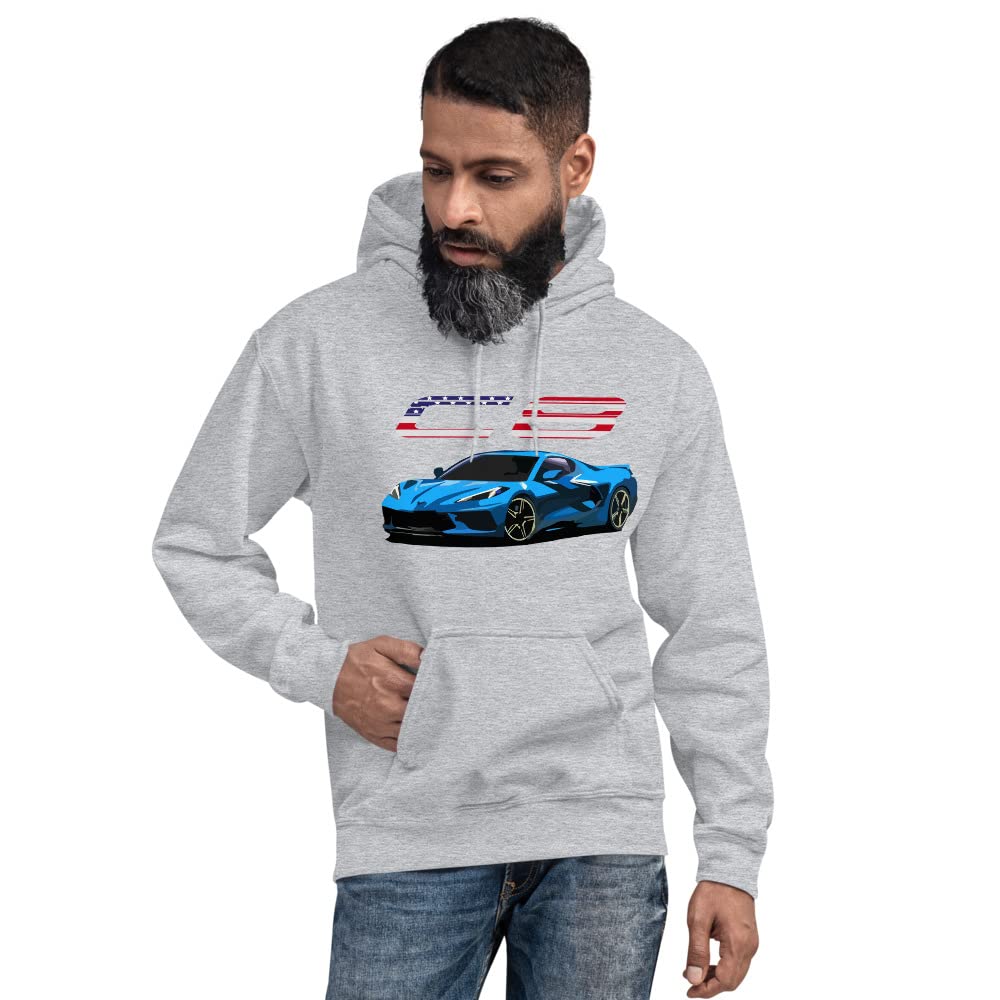 2021 2022 Rapid Blue sports car 'vette C8 Patriotic Graphic Hoodie Pullover Sweatshirt | Car Lover Pullover
