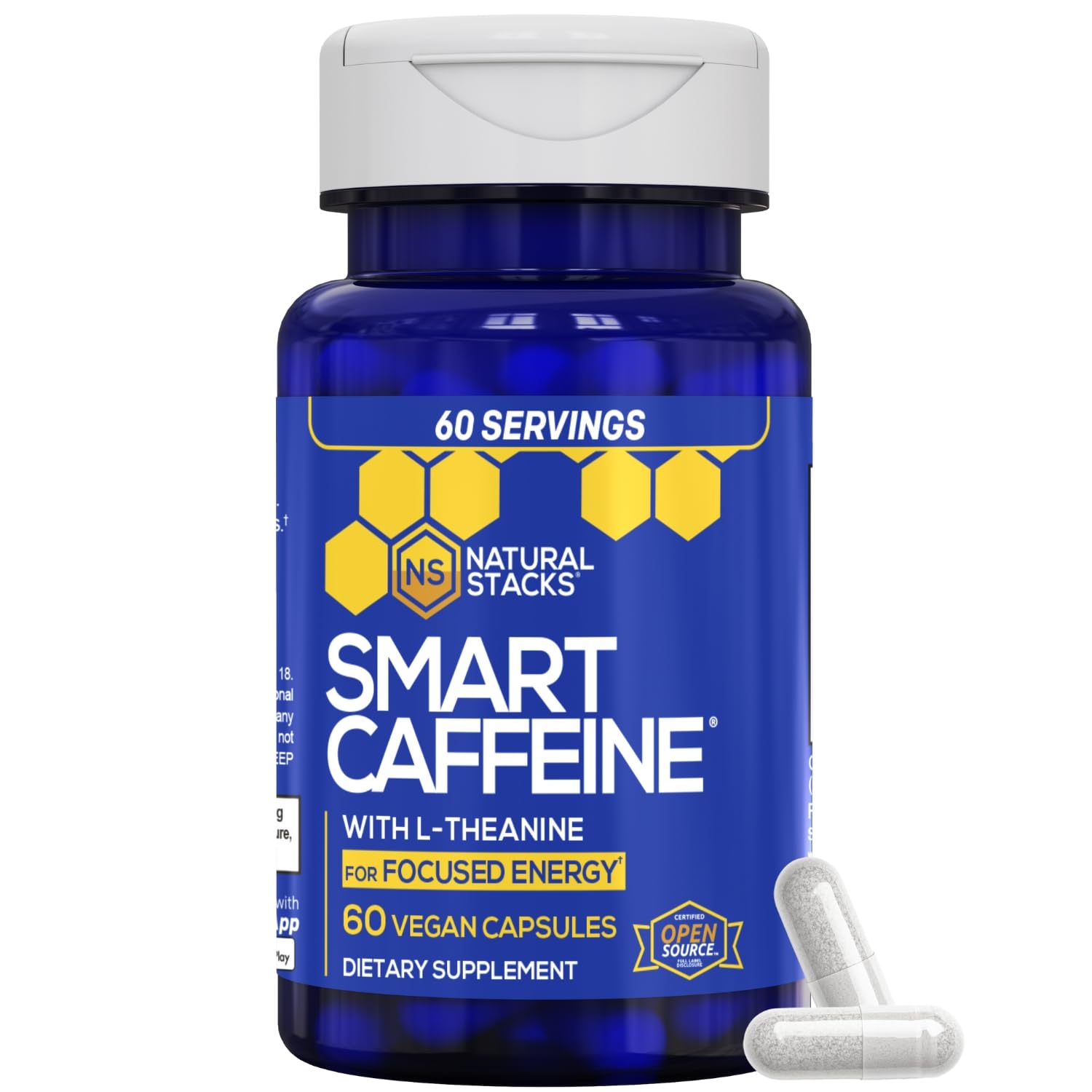 NATURAL STACKS Smart Caffeine Pills - 100mg Caffeine + 200mg L-Theanine Supplement - Supports Energy and Focus - No Jitters and No Crash - 60 Capsules