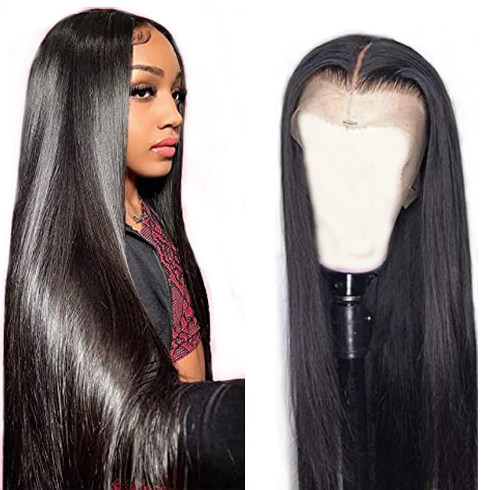 Straight Human Hair Wig 13X4 Lace Pelucas Cabello Peluca Mujer Glueless Wig Wear and Go Pre Plucked 150% Density Unprocessed Remy Hair for Women Natural Black 34 Inch