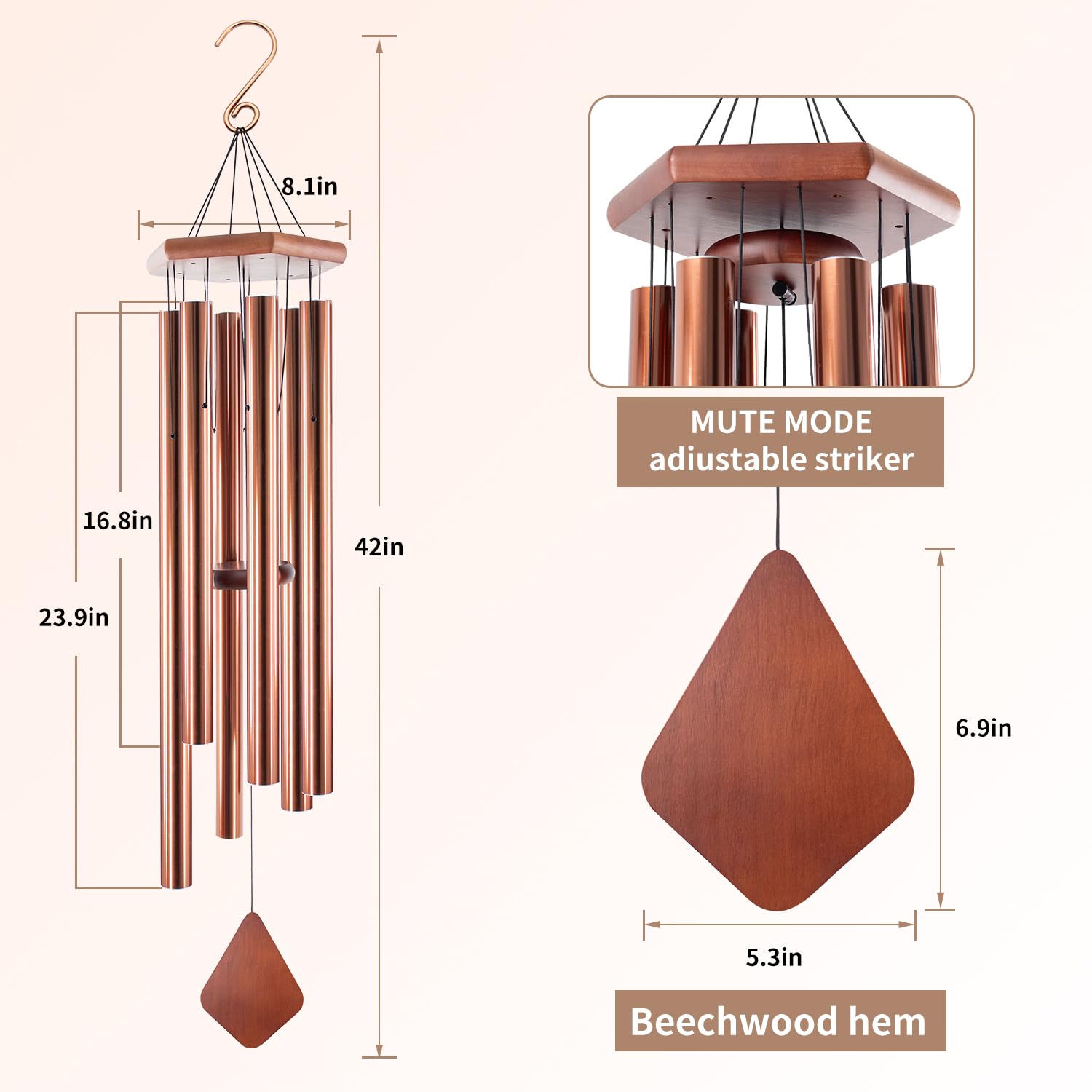 Große Outdoor-Windspiele, tiefer Ton, 111,8 cm, Trost spendendes Windspiel, gestimmte beruhigende Melodie, Gedenk-Windspiel mit 6 schweren Röhren für Außendekoration, Garten/Hof Kupfer.
