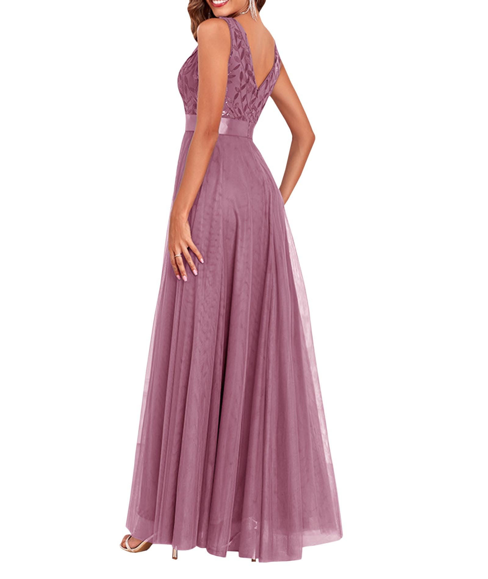 ECDAHICC Vestido de cóctel para mujer, vestido de noche, elegante, para boda, de tul, bordado, largo, sin mangas, cuello en V, vestido de fiesta