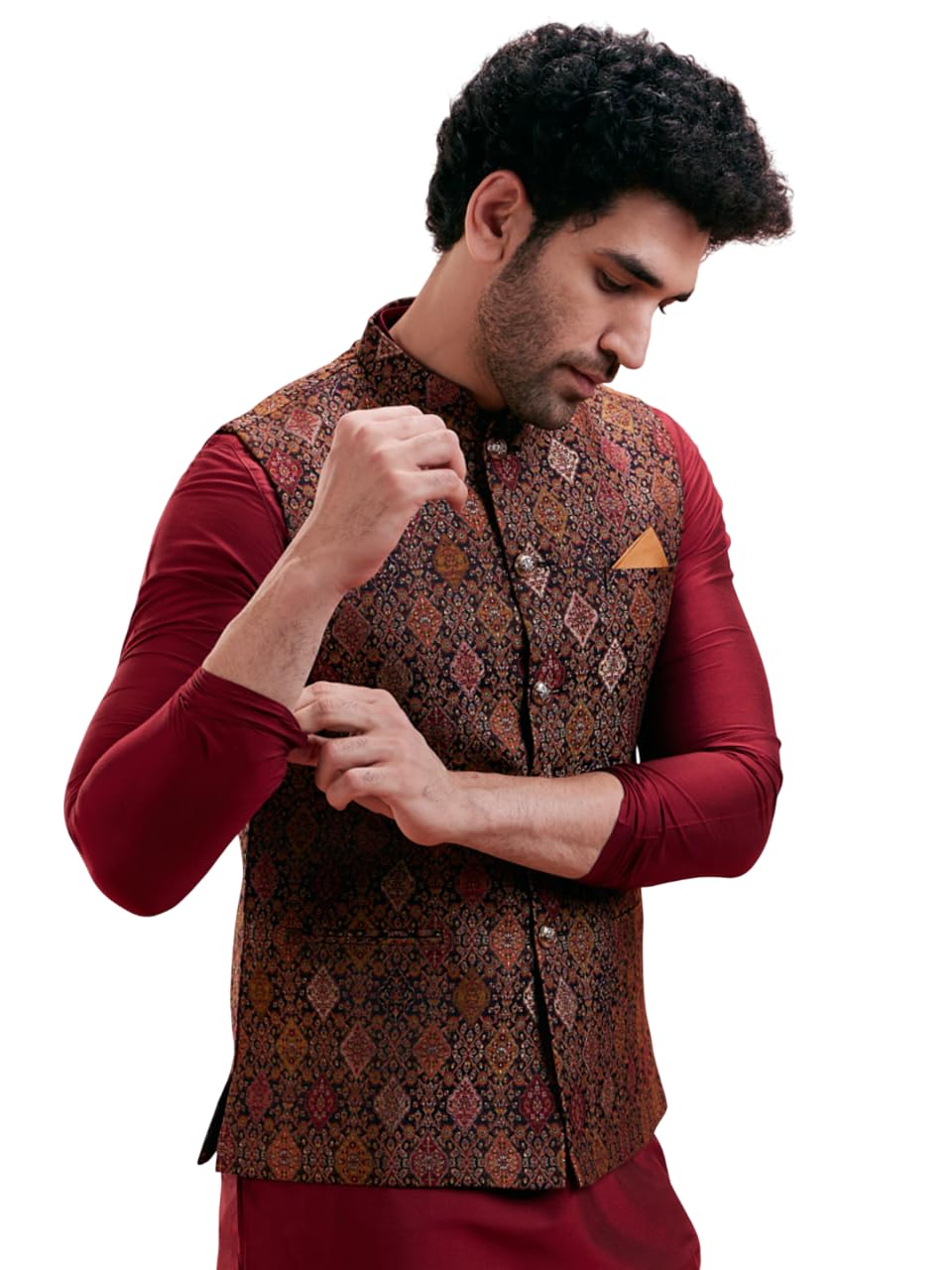 kisah Men's Nehru Jacket, Black Jacquard, Woven Design Regular Fit Mandarin Collar Sleeveless-picture-49
