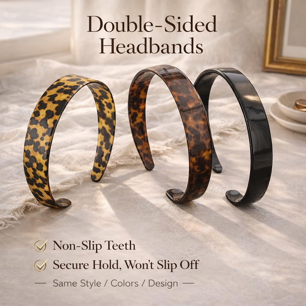 Wide Tortoise Shell Acetate Headband for Women, 1.5 Inch Adjustable No-Slip Design with Teeth for Thick Hair, Comfortable Retro Style for Everyday Wear (3PC)
