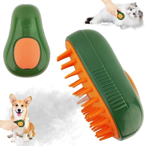 Pet Brush Spray Massage Grooming Tool, Green and Orange Silicone, Multi-functional Hair Removal and Cleaning Device for Cats and Dogs with One-Click Water Spray Function
