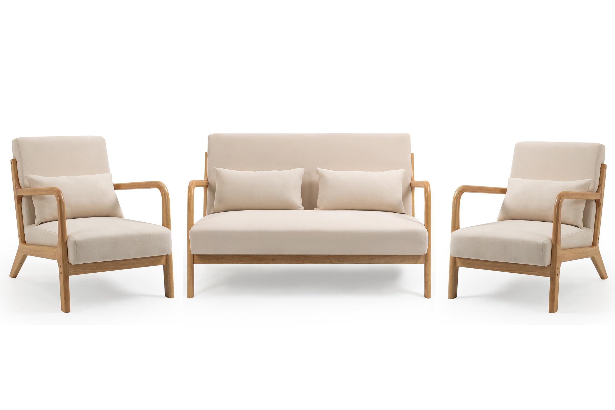 JOYBASE Sofa Set Small Loveseat Couch and 2 Accent Chairs, Mid-Century Modern living room furniture sets for Small Spaces, Apartment, Office (Beige)