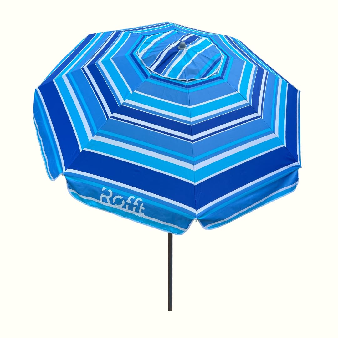 ROFFT 6.5 Ft Beach Umbrella for sand heavy duty Steel and Aluminum Pole, Sand Anchor UV 50+ protection Air vents Windproof Sunshade with reinforced ribs carry bag and premium silver coated