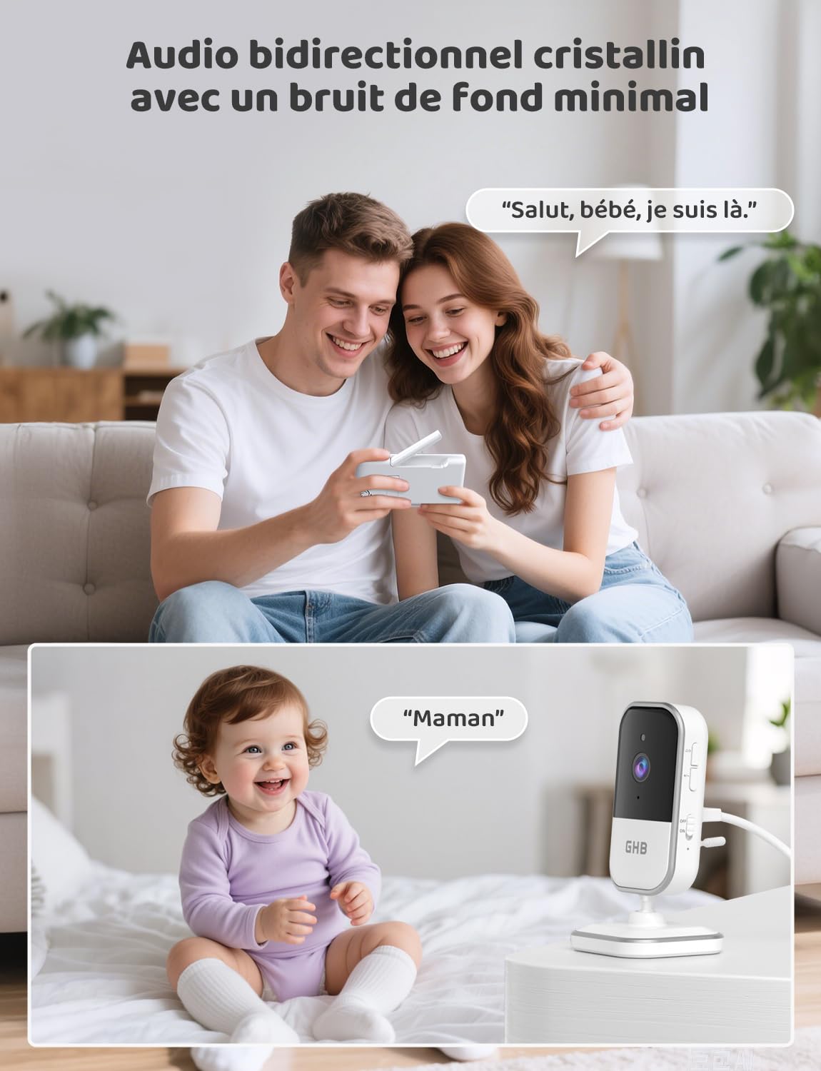GHB Babyphone Camera 5" Camera Bebe Surveillance 720P HD 5000mAh Écran IPS VOX Capteur de Température Zoom 4X 8 Berceuses Bidirectionnel Volume Réglable sans WiFi