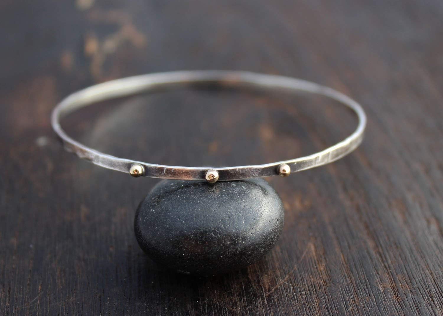 Silver and Gold Bangle Bracelet. Oxidized Silver Bangle with 14k Gold Dots.