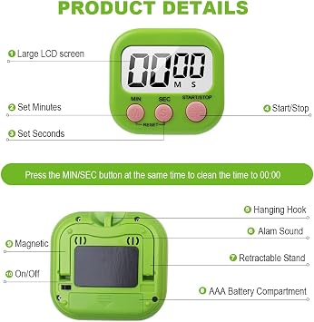 Large LCD Display Digital Cooking Timer Kitchen Timer with Countdown and Stopwatch. Big Beep Alarm (GREEN) for Cooking, Fitness, Children's Work
