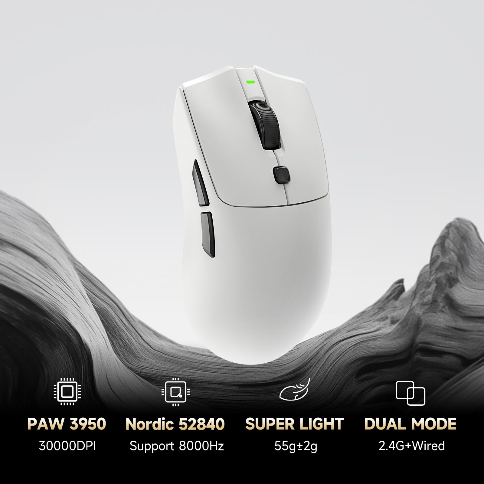 RAWM Ratón inalámbrico para juegos 8K, sensor óptico PAW3950 30K DPI, ligero de 55 g, MCU Nordic 52840, eSports simétricos y ratones para juegos FPS