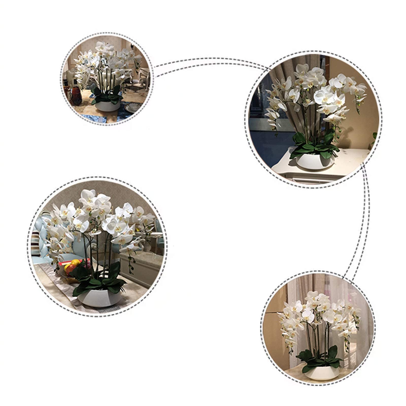 Künstliche weiße Phalaenopsis-Orchideen, 5 Zweige, weiße Schmetterlingsorchideen, Blumenarrangement mit weißer Keramikvase, für Zuhause/Büro/Salon.