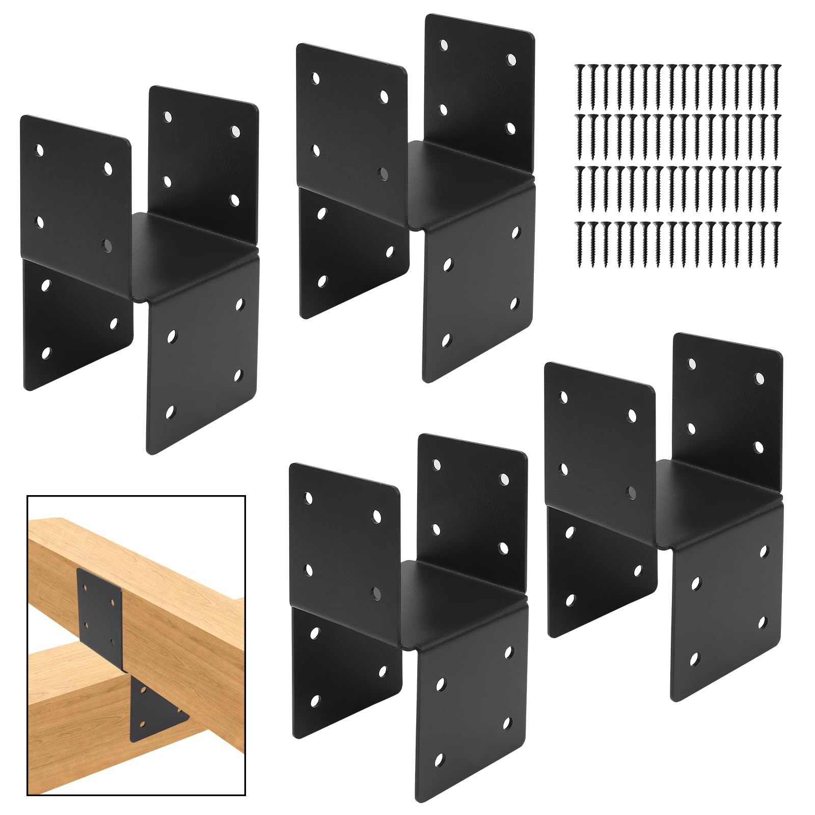 4 Pcs Deck Post Caps Tie Brackets,4x4 Post Base Steel Post Anchor Connector,Heavy Duty Steel Mounting Joist Hanger Brackets Support for Post to Wood