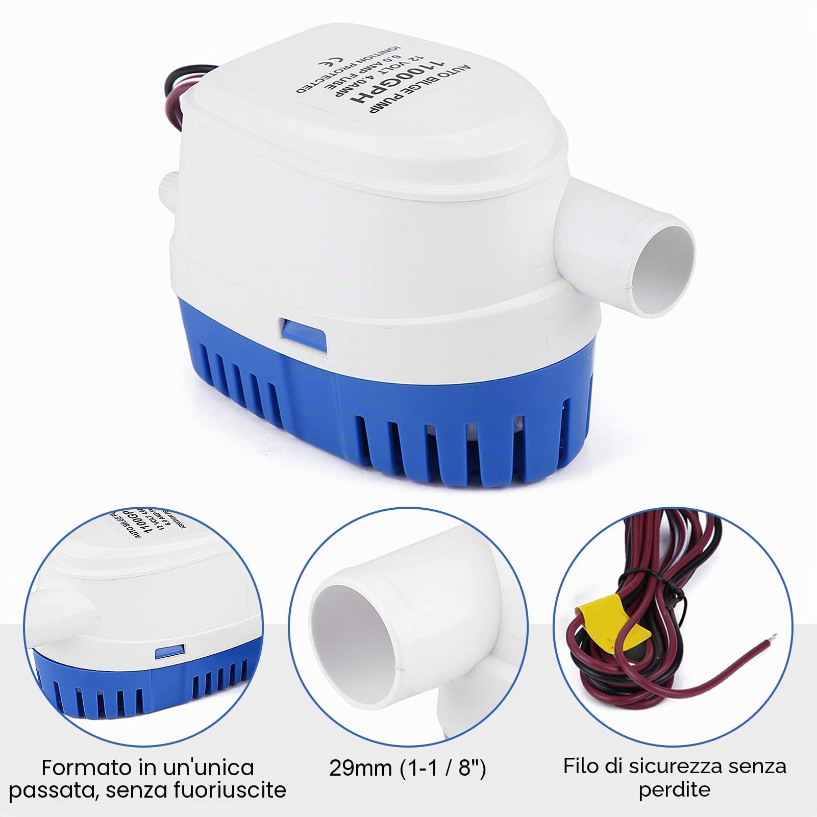 Pompa di sentina, 1100 GPH 12V Pompa Dell'acqua di Sentina Automatica, Pompa Dell'acqua di Sentina Sommergibile con Interruttore a Galleggiante e Protezione di Accensione per Barche Piscina