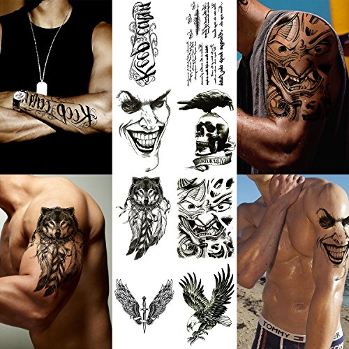 Playmax 8 Sheets of Stylish Waterproof Long Lasting Rocker Cool Evil Design Wolf Eagle Crow Skull Sword Winds Words Body Arms Shoulders Chest Back Temporary Tattoo Stickers for Teens Guys Boys Men