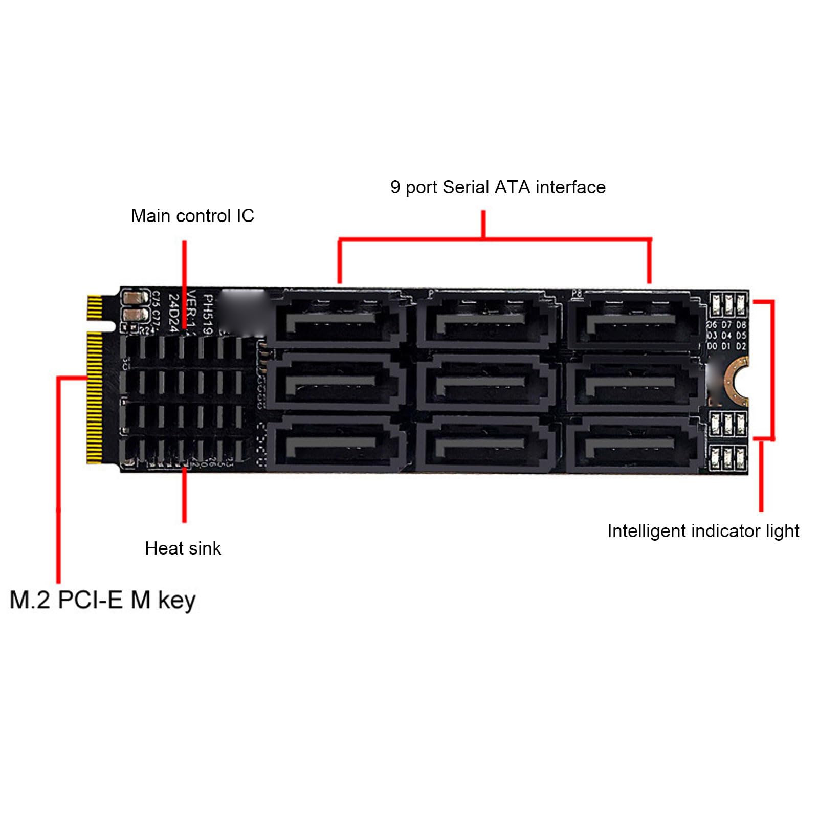 Fockety Adaptador M.2 a 3.0, Tarjeta de Expansión de Alta Velocidad con Interfaz PCIe 3.0 X2 de 9 Puertos, Convertidor PCIe a con Refrigeración por Disipador Térmico de Aluminio para PC de Escritorio