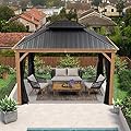 PURPLE LEAF 10' X 12' Outdoor Hardtop Gazebo for Patio Galvanized Steel Double Roof Permanent Canopy Teak Finish Coated Aluminum Frame Pavilion Gazebo with Netting