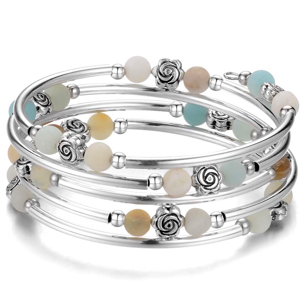 BULINLIN Wrap Bangle Rose Bead Bracelet - Beaded Bracelet with Natural Agate Stone Gifts For Women
