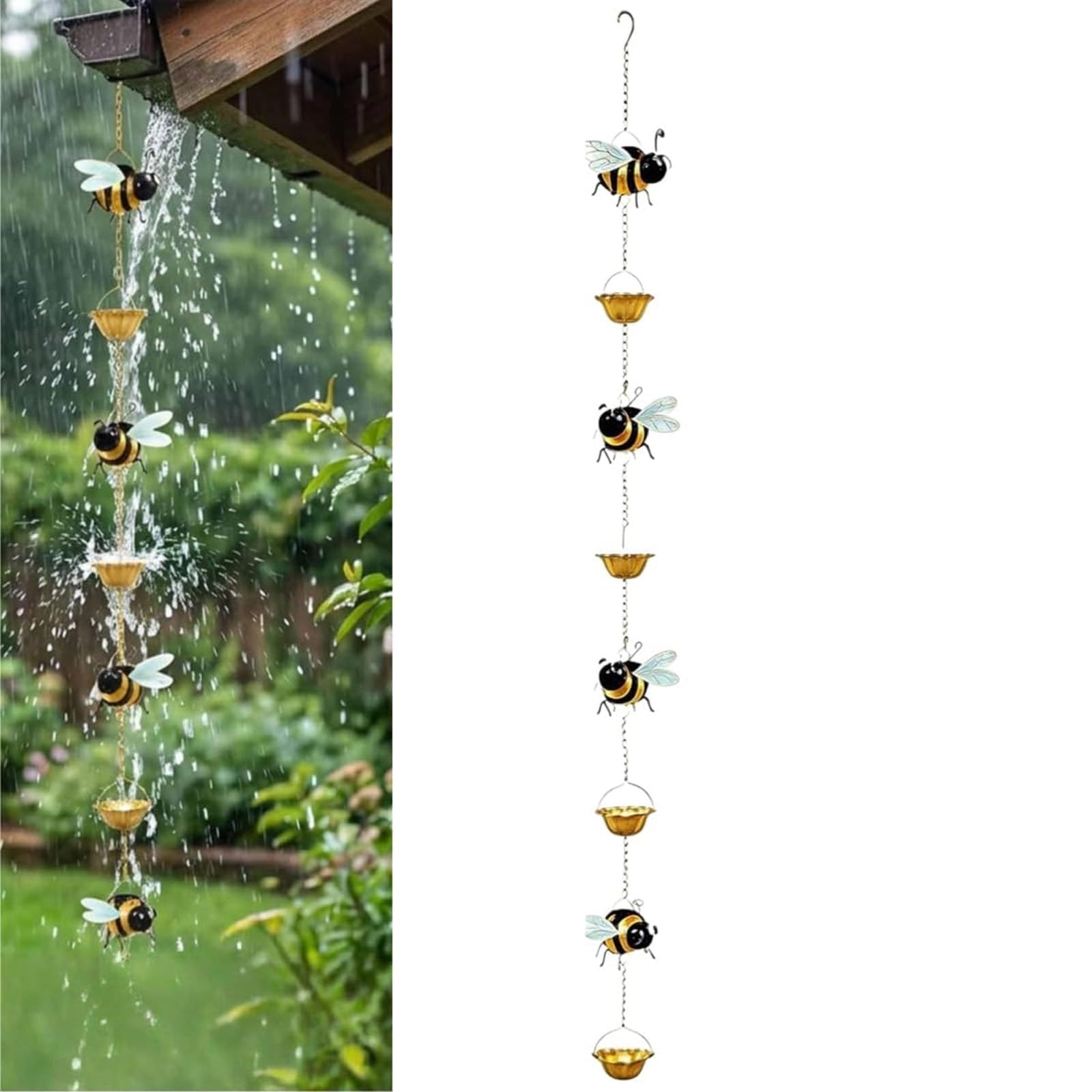 JORCEDI Whimsical Bee Rain Chain, Metal Hanging Honeycomb Cup Rainwater Collector for Eaves Gutters, Gardens, Terraces, Patios and Roof Drainage Decorations (1Pc)