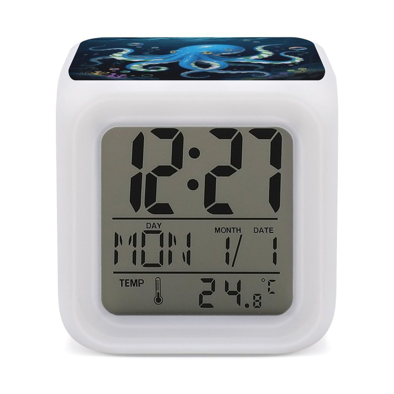 FodPand 7 Color Ambient Night Light Cube Battery Operated Blue Octopus Digital Clock with Snooze Temperature LED Digital Alarm Clocks Dimmable Wake Up Light Portable Mood Lamp for Bedroom Desk Gift